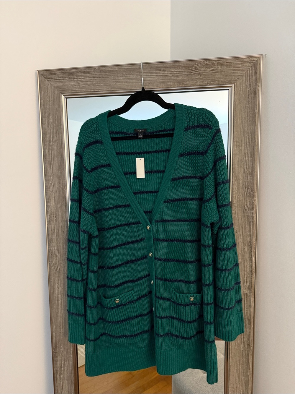 Talbots “Jolly” Green and Navy Striped V‑Neck Cardigan
